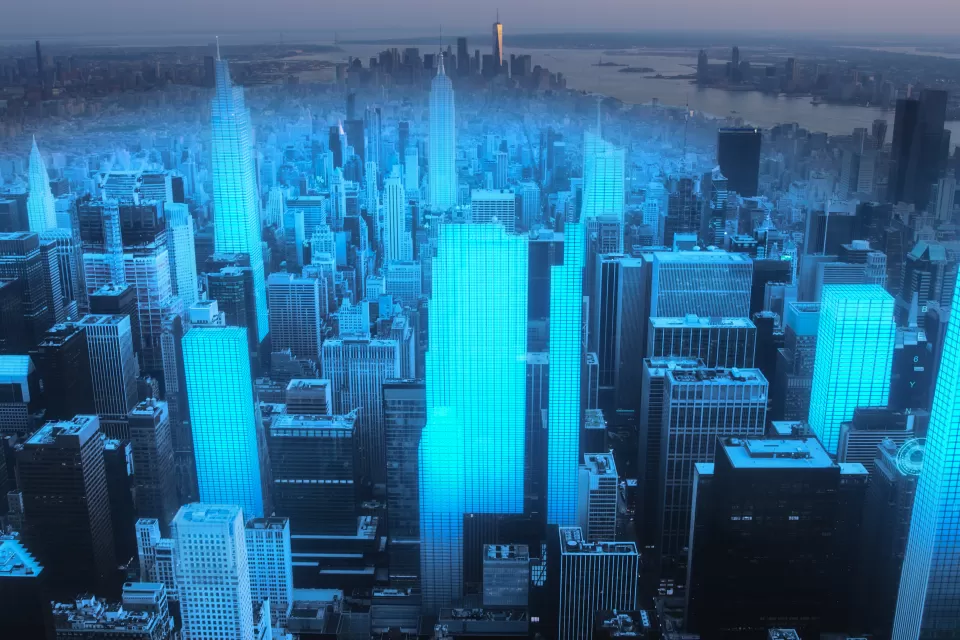 Aerial view of New York City architecture with augmented reality visualization, blue digital holograms over buildings and skyscrapers
